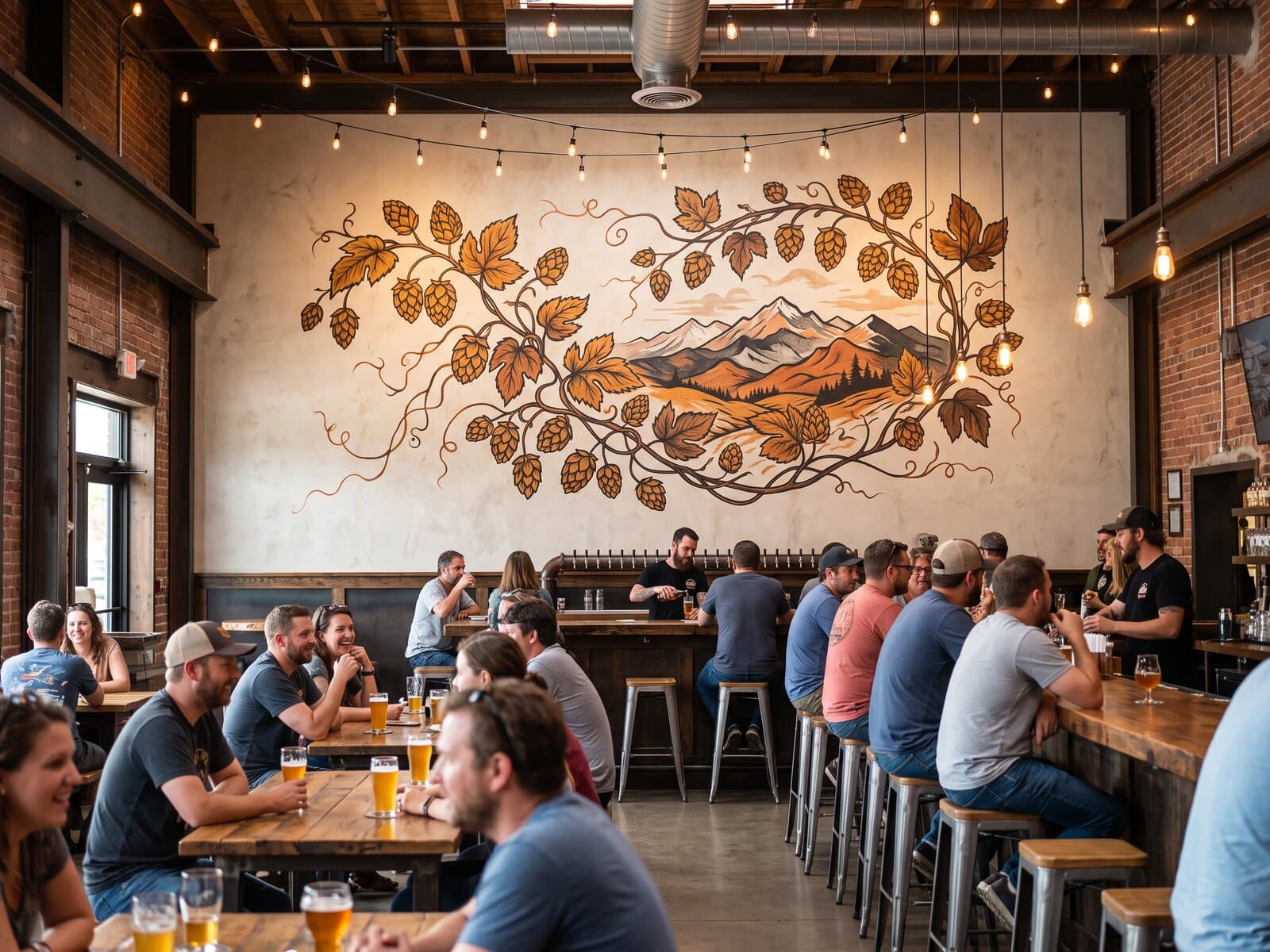 Craft brewery taproom with a free-flowing hop-vine and mountain mural in amber and charcoal floating on the wall behind the bar, patrons at wooden tables
