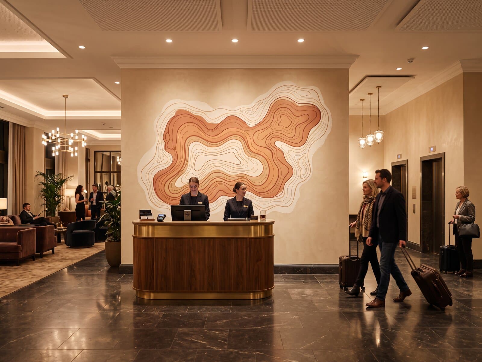 Hotel lobby reception with a free-flowing topographic mural in terracotta and sand tones floating on the wall behind the front desk, guests crossing with luggage