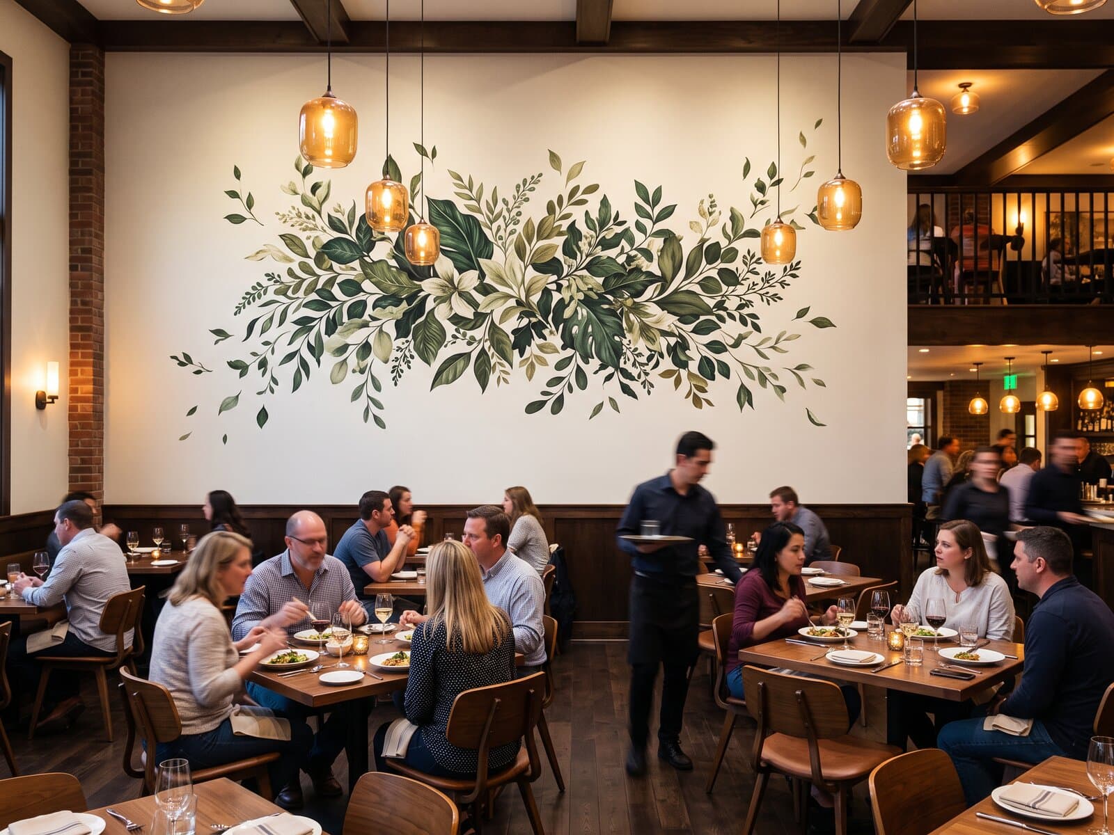 Busy restaurant dining room with a free-flowing botanical mural of green leaves and sprigs drifting across the main wall above the diners