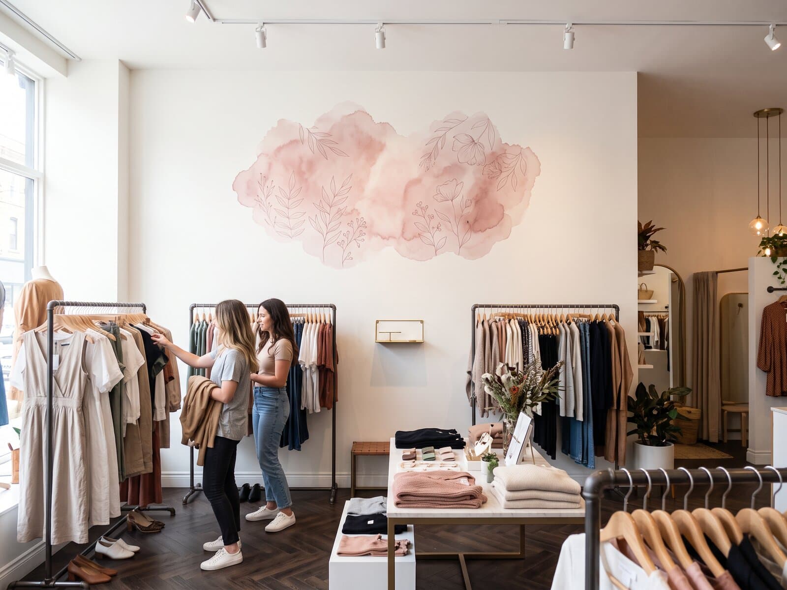 Boutique retail interior with a soft blush watercolor mural with line-art botanicals floating on the back wall, shoppers browsing racks